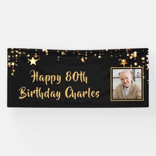 80. Geburtstag Foto Gold Stars Personalisiert Blac Banner (Horizontal)