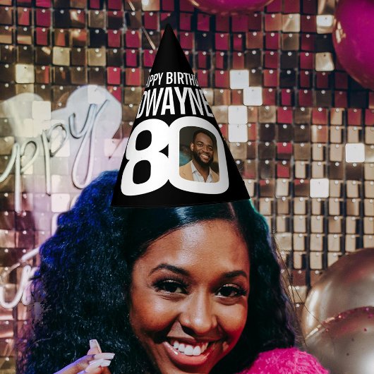80. Geburtstag Foto personalisiert weiß schwarz Partyhütchen