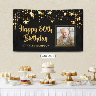 80. Geburtstag Foto Schwarz Gold Sterne Personalis Banner