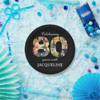 80. Geburtstag Foto Vorlage Einladung Schwarz Pappteller