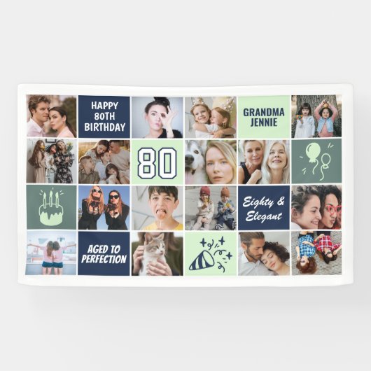 80. Geburtstag Fotocollage Benutzerdefiniert Mint Banner (Horizontal)