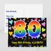 80. Geburtstag: Fun Hearts Muster, Regenbogen 80 Postkarte (Vorne/Hinten)