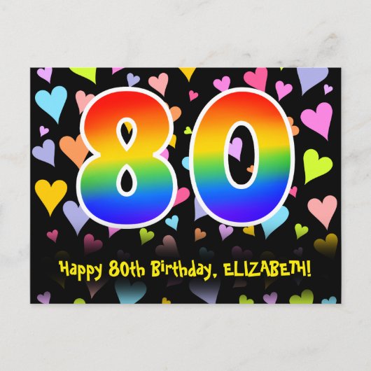 80. Geburtstag: Fun Hearts Muster, Regenbogen 80 Postkarte (Vorderseite)