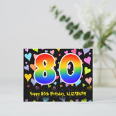 80. Geburtstag: Fun Hearts Muster, Regenbogen 80 Postkarte (Stehend Vorderseite)