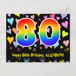 80. Geburtstag: Fun Hearts Pattern, Regenbogen 80 Postkarte