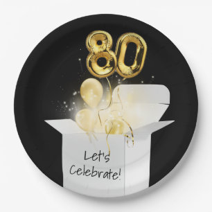 80. Geburtstag Gold Ballons in weißer Box Pappteller