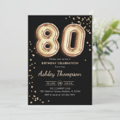 80. Geburtstag - Gold Balloons Black Einladung (Stehend Vorderseite)