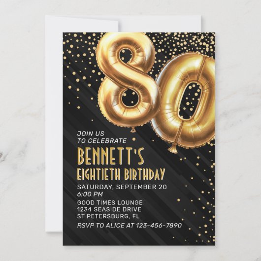 80. Geburtstag Gold Black Einladung (Vorderseite)