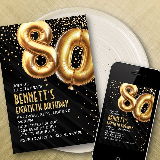 80. Geburtstag Gold Black Einladung