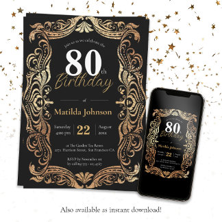 80. Geburtstag Gold Black Glamour Boho Elegant Einladung