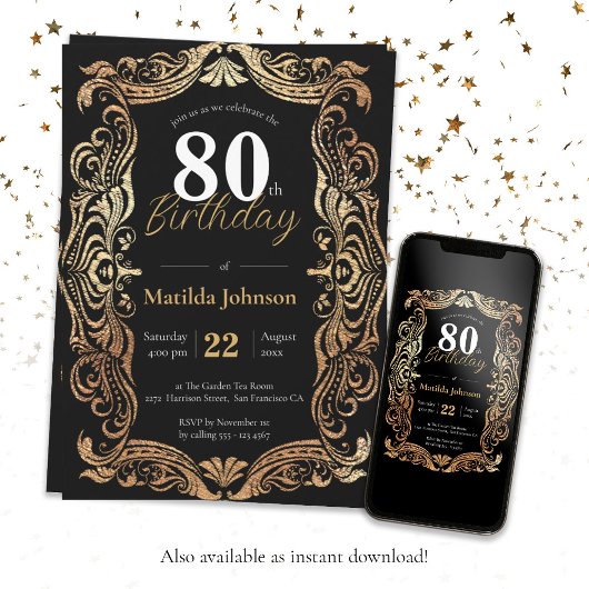 80. Geburtstag Gold Black Glamour Boho Elegant Einladung