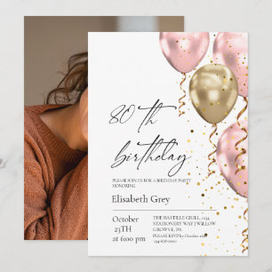 80. Geburtstag Gold Blush Rosa Ballons Modern Einladung
