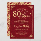 80. Geburtstag - Gold Red Damask Einladung (Vorne/Hinten)