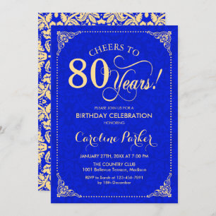80. Geburtstag - Gold Royal Blue Damask Einladung