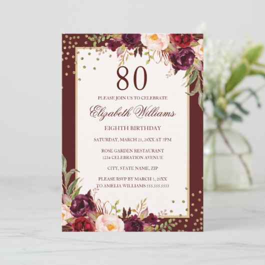 80. Geburtstag Goldene Burgund Blumenladen Einladung (Stehend Vorderseite)