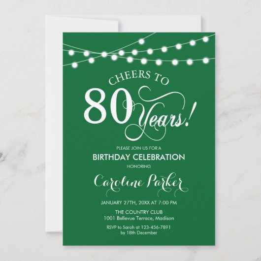 80. Geburtstag - Grün Weiß Einladung (Vorderseite)