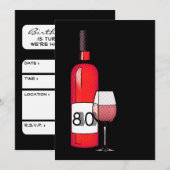 80. Geburtstag : halftone Weinflasche & Glas Einladung (Vorne/Hinten)