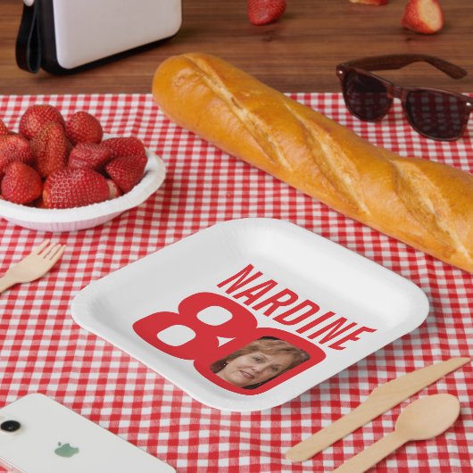 80. Geburtstag hellrot 80 Foto Pappteller (Picknick)