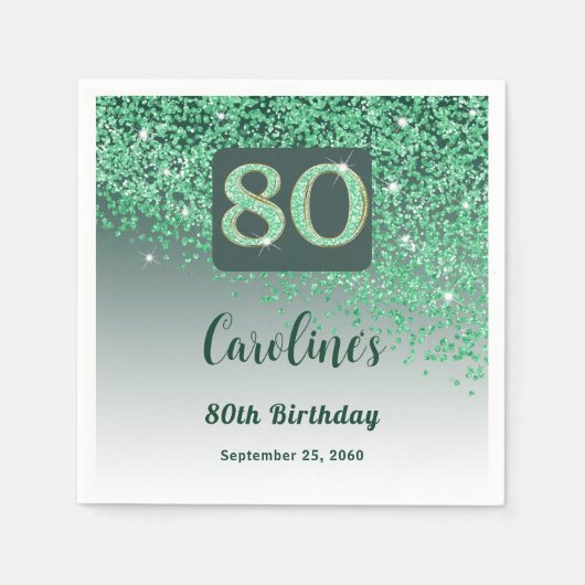 80. Geburtstag Hübscher grüner Glitzer Serviette (Vorderseite)