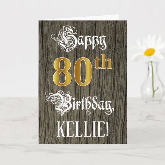 80. Geburtstag: Imitate Gold Look + Imitate Holzmu Karte (Kleine Pflanze)