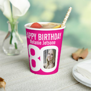 80. Geburtstag individuell zwei Fotos rosa weiß Pappbecher