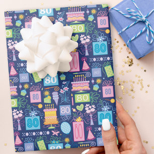 80. Geburtstag Kuchen präsentiert Balloons Blue Geschenkpapier Set