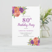 80. Geburtstag Lila Blumenbesuch Einladung (Stehend Vorderseite)