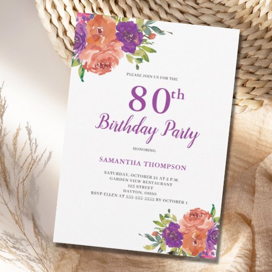 80. Geburtstag Lila Blumenbesuch Einladung