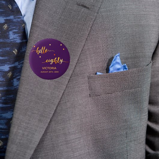 80. Geburtstag lila Goldname Datum hallo achtzig Button