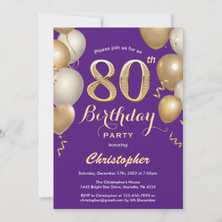 80. Geburtstag Lila und Gold Balloons Confetti Einladung