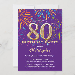80. Geburtstag Lila und Gold Rainbow Fireworks Einladung