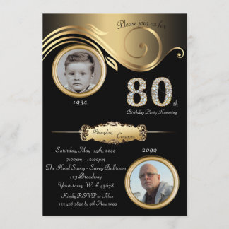 80..Geburtstag Mann 80., eleganter Deko, schwarzes Einladung