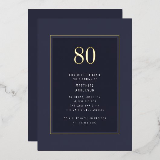 80. Geburtstag Minimal Eleganter dunkler Goldrahme Folieneinladung (Vorderseite/Rückseite)