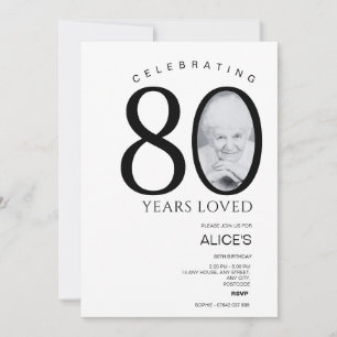 80. Geburtstag mit Foto in Nummer, Schwarz & Weiß Einladung