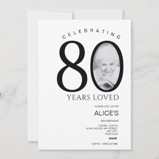 80. Geburtstag mit Foto in Nummer, Schwarz & Weiß Einladung