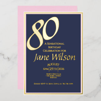 80. Geburtstag Modern Elegant Rosa Navy  Folieneinladung