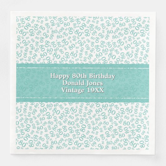 80. Geburtstag Modernes Zahlenmuster Aquamarin/wei Serviette (Vorderseite)