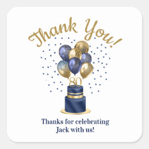 80. Geburtstag Navy Blau Ballon Torte Danke Quadratischer Aufkleber