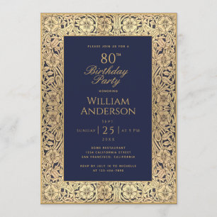 80. Geburtstag Navy Blau Gold Rosen Elegant Vintag Einladung
