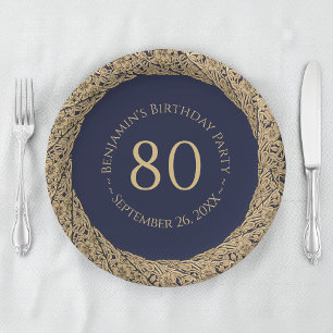 80. Geburtstag Navy Blau Vintage Goldene Rosen Ele Pappteller
