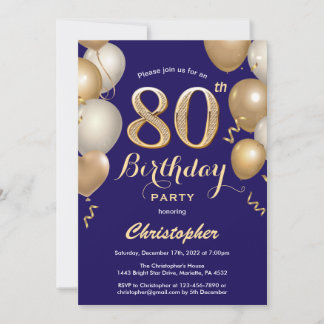80. Geburtstag Navy Blue und Gold Balloons Confett Einladung