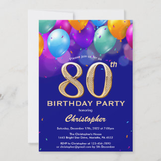 80. Geburtstag Navy Blue und Gold farbige Ballons Einladung