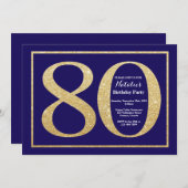 80. Geburtstag Navy Blue und Gold Glitzer Einladung (Vorne/Hinten)