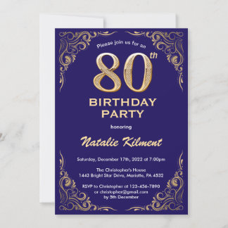 80. Geburtstag Navy Blue und Gold Glitzer Frame Einladung