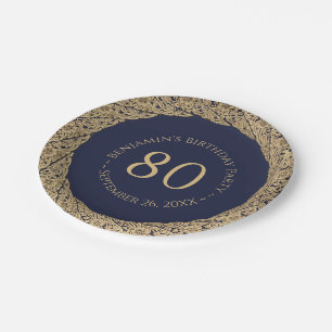 80. Geburtstag Navy Blue Vintag Gold Rose Elegant Pappteller