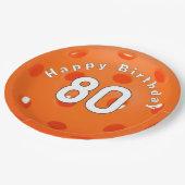80. Geburtstag Orange Pickleball Pappteller (Schrägansicht)