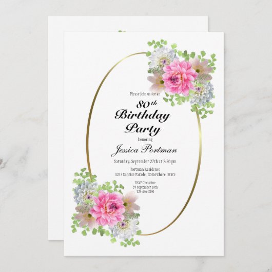 80. Geburtstag Pink Gold Party Einladung (Vorne/Hinten)