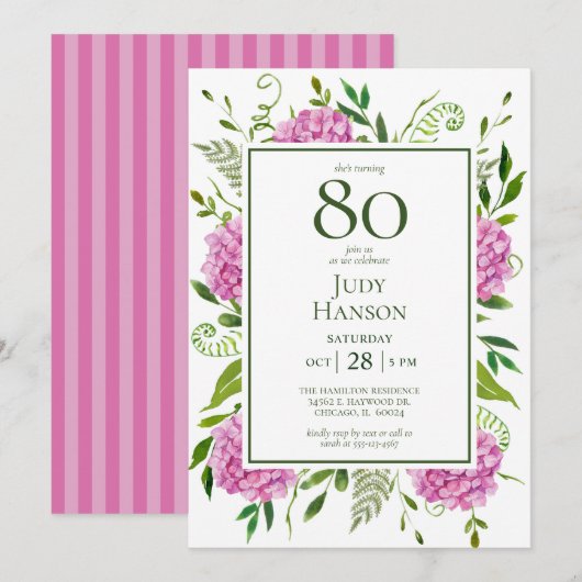 80. Geburtstag Pink Hydrangeas Einladung (Vorne/Hinten)