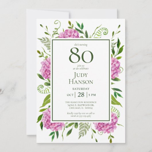 80. Geburtstag Pink Hydrangeas Einladung (Vorderseite)