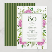 80. Geburtstag Pink Hydrangeas Einladung (Vorne/Hinten)